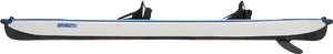 White and blue Sea Eagle 473rl RazorLite inflatable kayak with two black seats and a fin.