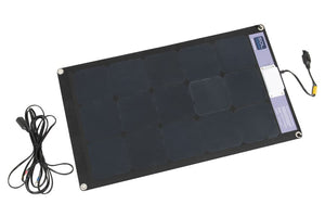 Black semi-flexible 50W solar panel with 16 cells, white charge controller, and power cords.