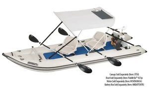 Sea Eagle 50W semi-flexible solar panel on a white canopy, mounted on a gray inflatable boat.