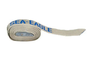 Rolled beige Sea Eagle 6 ft. strap with blue logo and metal buckle.