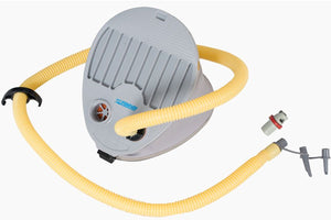 Sea Eagle A41 large gray ABS plastic bellows foot pump with yellow hose and triple-style nozzle.