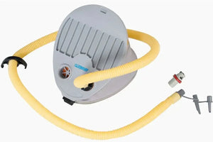 Sea Eagle A41 large gray ABS plastic bellows foot pump with yellow hose and triple-style nozzle.