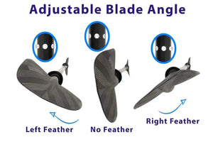 Three gray fiberglass reinforced kayak paddle blades showing adjustable feathering angles: left, no, and right.