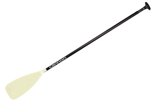 Black carbon fiber SUP paddle with a light cream-colored dihedral blade and ergonomic grip.