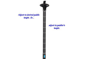 Black carbon fiber SUP paddle with adjustable shaft and ergonomic grip.