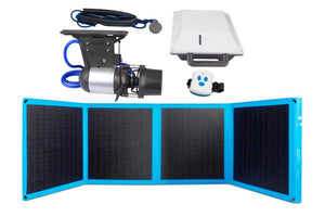 Bixpy K-1 motor kit with silver motor, black mount, blue cables, white battery box, remote, and blue-framed folding solar panel.