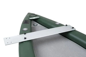 Silver aluminum bow motormount attached to a green Sea Eagle inflatable Fish Skiff.