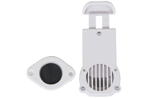 White plastic Sea Eagle drain valve with a 1 1/2" diameter, featuring a slotted cover and mounting hardware.