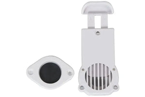 White plastic Sea Eagle drain valve with a 1 1/2" diameter, featuring a slotted cover and mounting hardware.