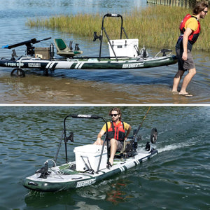 Man launching a green and white Sea Eagle FS1210 FishSUP with motor, seat, and cooler.