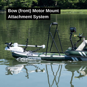 Sea Eagle FS1210 FishSUP with a white bow-mounted eLite electric motor and fishing gear on calm water.