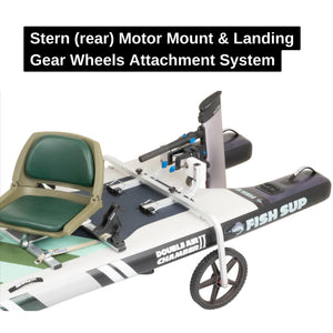 Sea Eagle FS1210 FishSUP stern with green seat, eLite motor, and landing gear wheels attachment system.