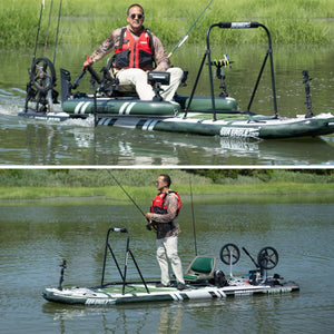 Man fishing from a green and white Sea Eagle FS1210 FishSUP, shown seated and standing with fishing gear.