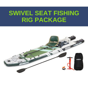 Sea Eagle FS1210 FishSUP with green swivel seat, paddle, pump, and black carry bag.