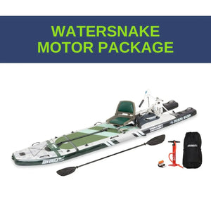 Sea Eagle FS1210 FishSUP with green and white deck, motor, seat, paddle, pump, and backpack.