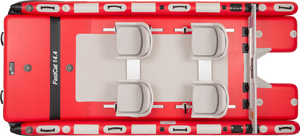 Top-down view of a red Sea Eagle FastCat 14.4 inflatable catamaran with four grey seats and a light deck.