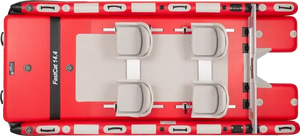 Top-down view of a red Sea Eagle FastCat 14.4 inflatable catamaran with four grey seats and a light deck.