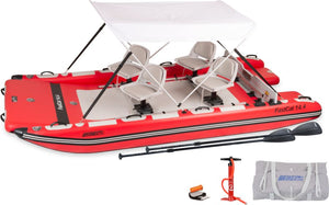Red Sea Eagle FastCat 14.4 inflatable catamaran with four swivel seats, white canopy, paddles, pump, and carry bag.