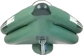 Folded green Sea Eagle FishSkiff 16 inflatable fishing boat, showing its compact, packable design.