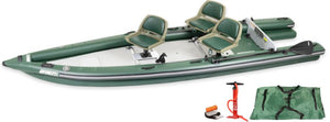 Green Sea Eagle FishSkiff 16 inflatable fishing boat with three tan seats, paddle, pump, and carry bag.
