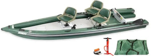Green Sea Eagle FishSkiff 16 inflatable fishing boat with three tan seats, paddle, pump, and carry bag.
