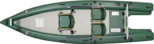 Green Sea Eagle FishSkiff 16 inflatable fishing boat with two olive seats and a gray deck.