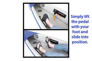 Two images show feet adjusting a black Sea Eagle FlexBrace™ footrest inside a white inflatable kayak.