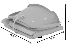 Gray Sea Eagle swivel boat seat, folded with dimensions: 20.25" wide, 18.5" deep, 13" high.