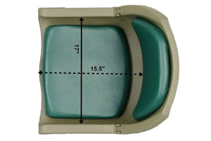 Top-down view of a tan Sea Eagle swivel seat with a green padded cushion, 17" deep by 15.5" wide.