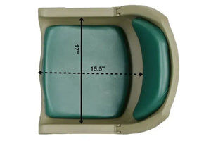Top-down view of a tan Sea Eagle swivel seat with a green padded cushion, 17" deep by 15.5" wide.