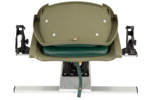 Green swivel fishing seat with a dark green cushion, mounted on an aluminum frame with two black Scotty rod holders.