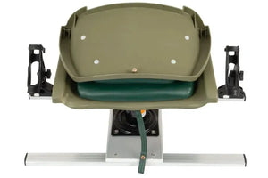 Green swivel fishing seat with a dark green cushion, mounted on an aluminum frame with two black Scotty rod holders.