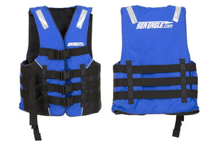 Blue Sea Eagle S/M life jacket with four black adjustable straps and reflective strips.