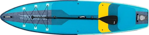 Sea Eagle LongBoard 11 inflatable paddleboard, blue and teal with yellow stripes, black paddle, and bungee cords.