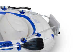 Sea Eagle MM3 Motormount with aluminum tubing attached to a white and blue inflatable SE9 boat.