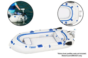 White Sea Eagle inflatable boat with blue accents and a motormount attached.