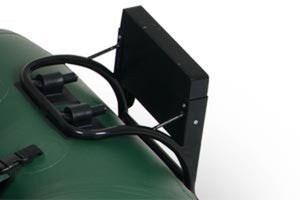 Black painted steel Sea Eagle motormount for frameless fishing boats, attached to a green inflatable boat.
