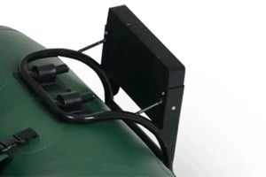 Black painted steel Sea Eagle motormount for frameless fishing boats, attached to a green inflatable boat.