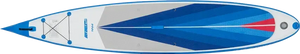 Blue and white Sea Eagle NeedleNose 14 inflatable paddleboard with diamond deck pad and bungee storage.