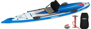 Blue and white Sea Eagle NeedleNose 14 inflatable paddleboard with kayak seat, paddle, pump, and carry bag.
