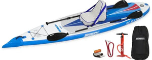 Blue and white Sea Eagle NeedleNose 126 inflatable paddleboard with seat, paddles, pump, and bag.