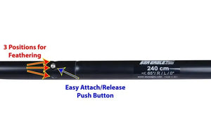 Close-up of a black Sea Eagle paddle shaft with feathering positions and a push button.