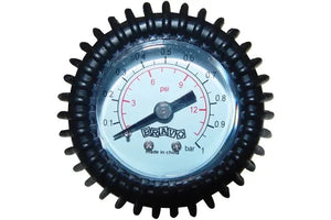Black Bravo pressure gauge with white face, red psi markings, and a black needle.