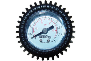 Black Bravo pressure gauge with white face, red psi markings, and a black needle.