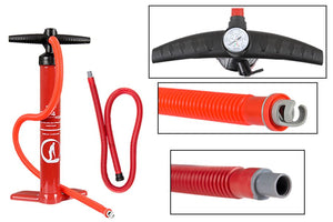 Red Sea Eagle SUP pump with black handle, pressure gauge, and two hoses with valve attachments.