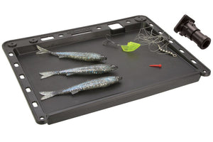 Black Scotty Bait Board with universal post base, holding three fishing lures and tackle.