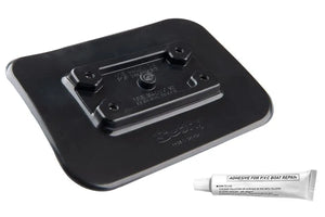 Black 5"x7" Scotty glue-on PVC mounting pad with four screw holes and a tube of adhesive.