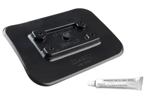 Black 5"x7" Scotty glue-on PVC mounting pad with four screw holes and a tube of adhesive.