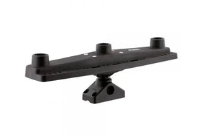 Black fiber-reinforced nylon Scotty Triple Rod Holder Mounting System with three accessory ports and tool rack.