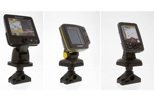 Black Scotty Universal Sounder Mount with three different fish finders attached, showing its adjustable design.